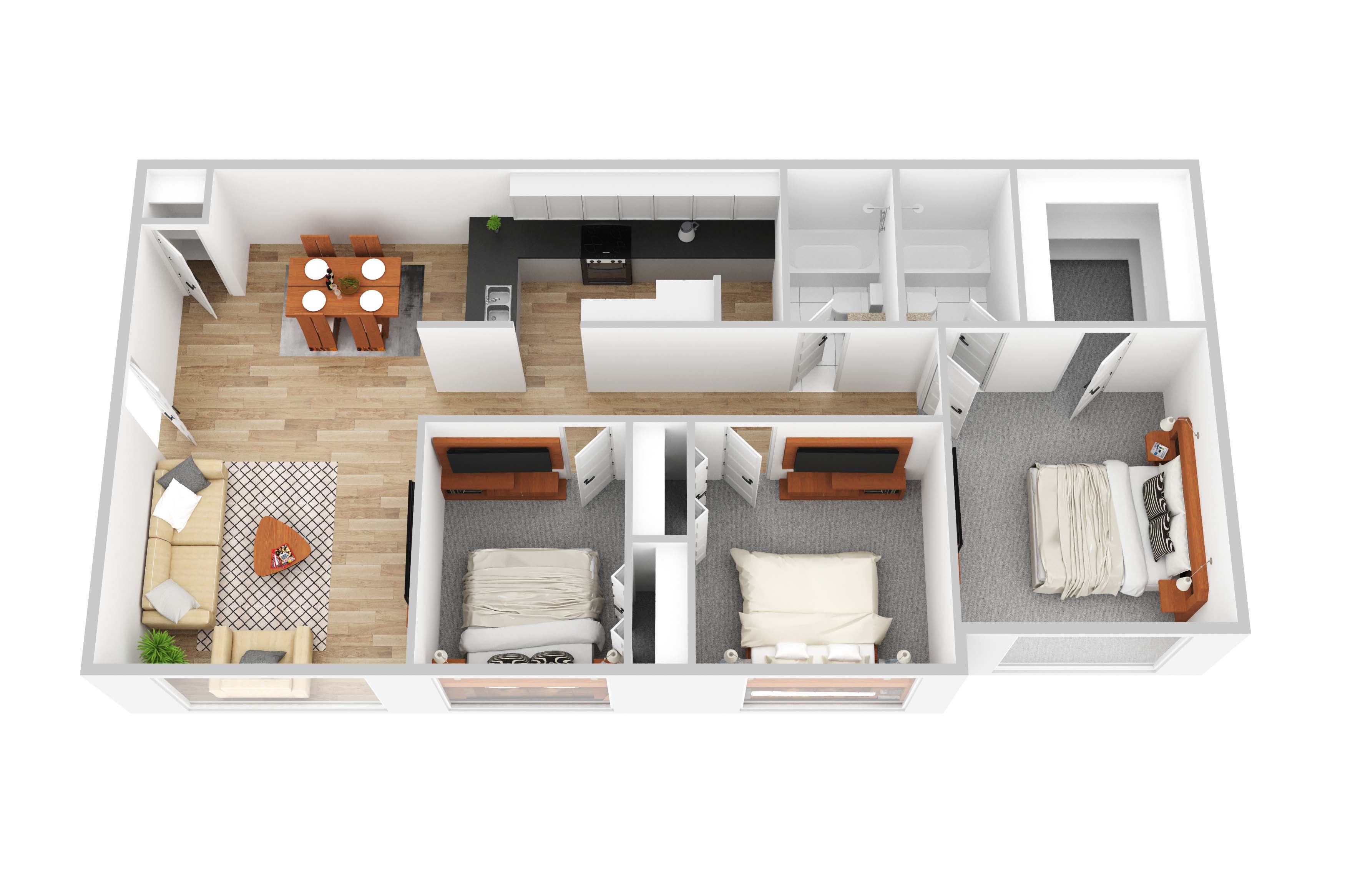 Floor plan for 3 beds, 2 baths, 1125 sqft